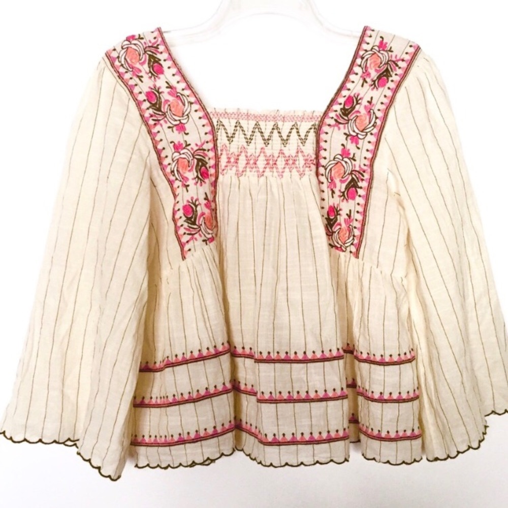 THML Striped Embroidered Smocked Blouse NWT